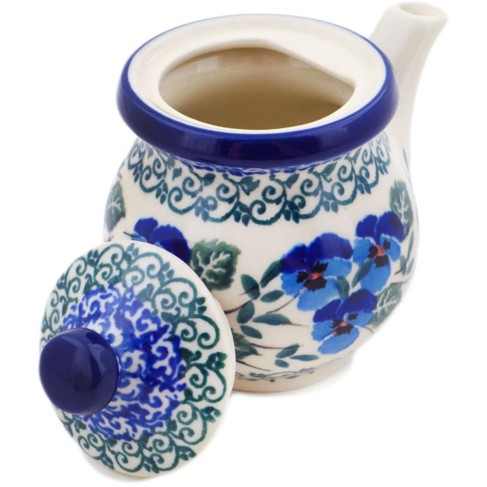 Authentic Polish Pottery Creamer with Lid in Blue Pansy Design Handmade in Boles?awiec Poland by Ceramika Artystyczna + Certificate of Authenticity
