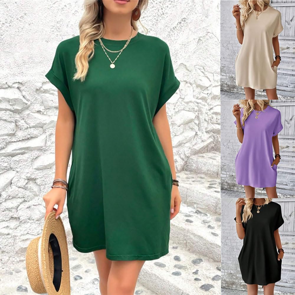 Earnmore Abito T-Shirt a Maniche Corte, Abiti Estivi da Donna a Maniche Corte con Tasche Abito T-Shirt Semplice e Solido con Tasche