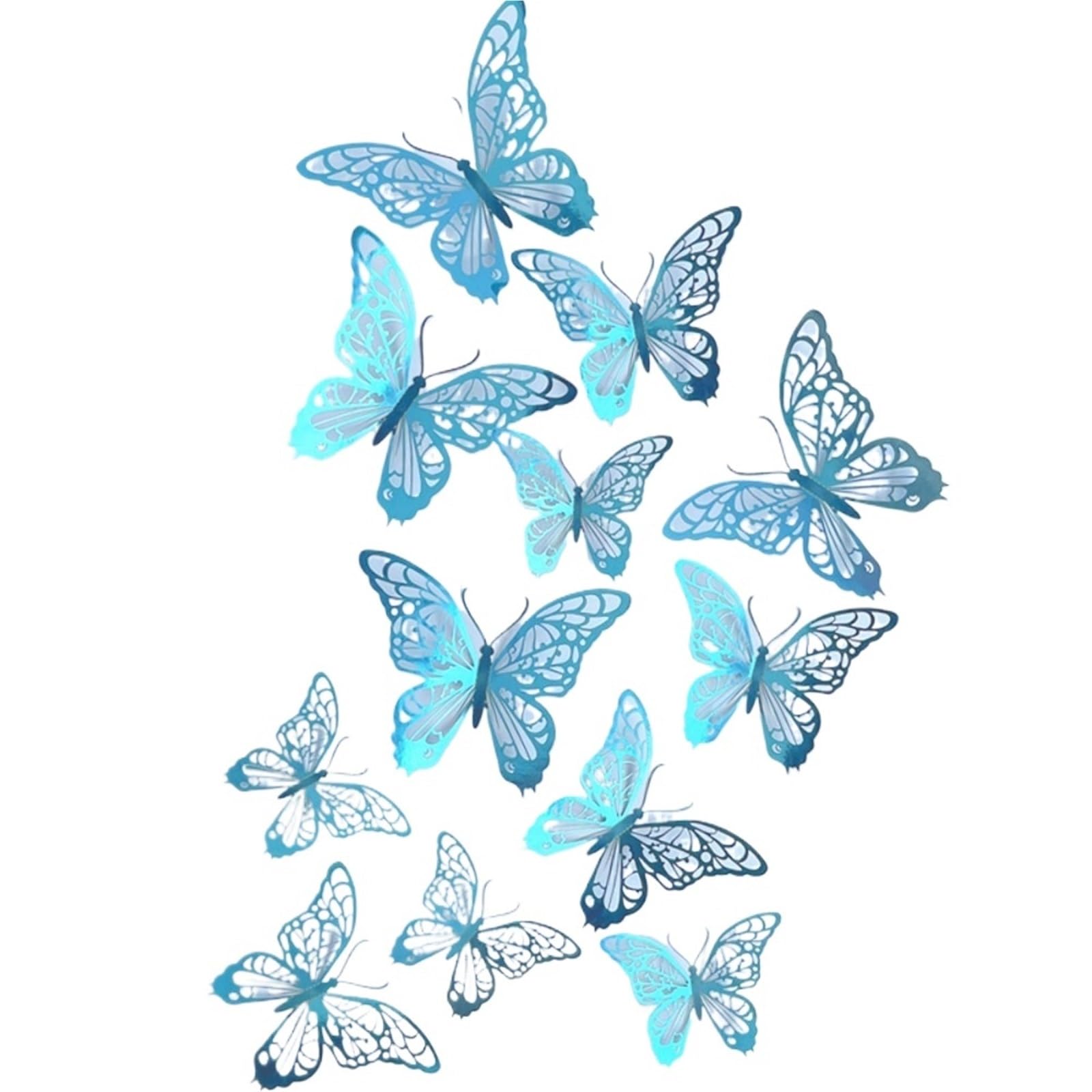 12pcs Colorful Hollow Butterfly Sticker DIY Paper 3D Wall Decor Exquisite Cartoon Simulation(Blue)