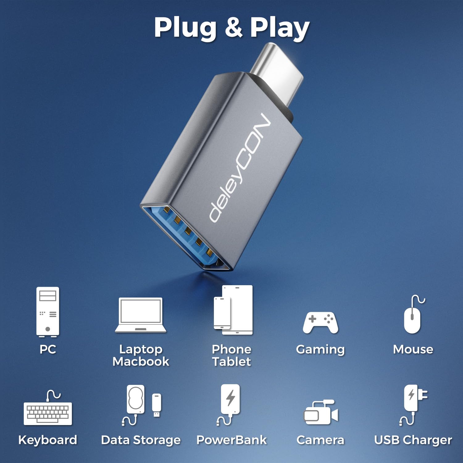deleyCON Adattatore USB-C a USB 10 Gbps OTG (2 Pezzi) - Spina C a Presa A - per iPhone 17/16/15 Air/Pro/Max, Galaxy S25/S24/S23, A56, A16, Tablet, MacBook, iMac, iPad, Notebook ecc.