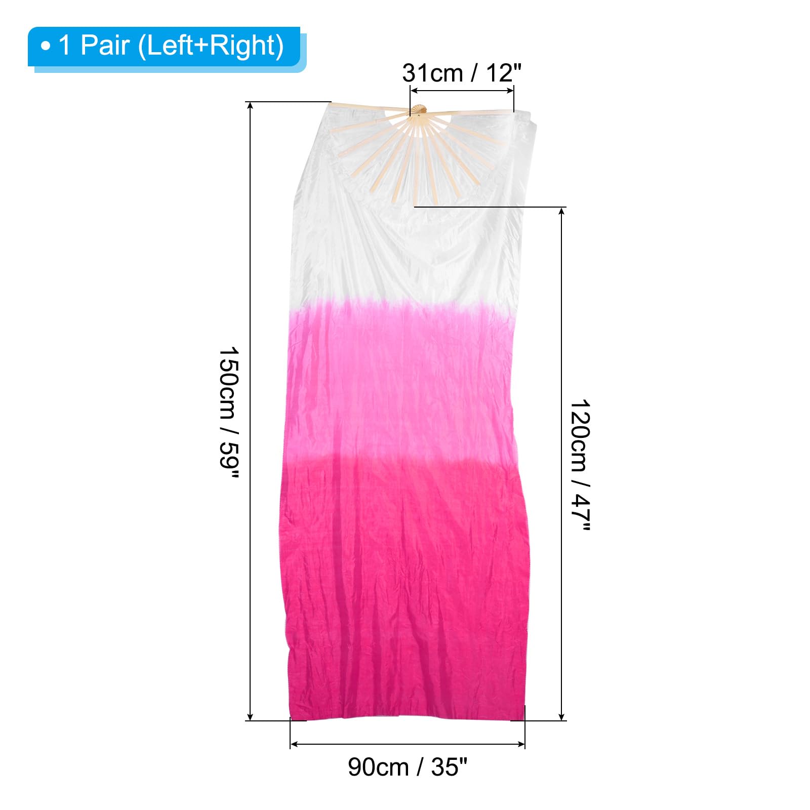 PATIKIL Belly Dance Silk Fan Veil 59", 1 Pair (Left+Right) Women Long Folding Dance Fan Wood Fan for Dance Performance, White Gradient Pink - Image 2