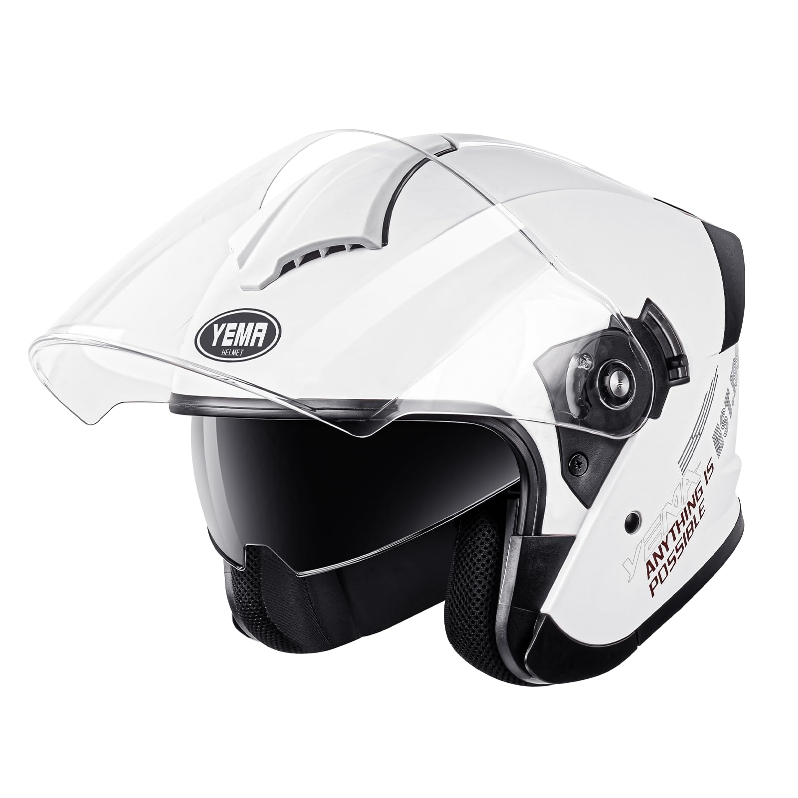 YEMA 3/4 Open Face Motorcycle Helmet DOT Approved - Dual Visor, Quick Release Buckle, Adult Motorbike Helmets for Men & Women, Moped Scooter Street Bike Helmet YM-650, White, M