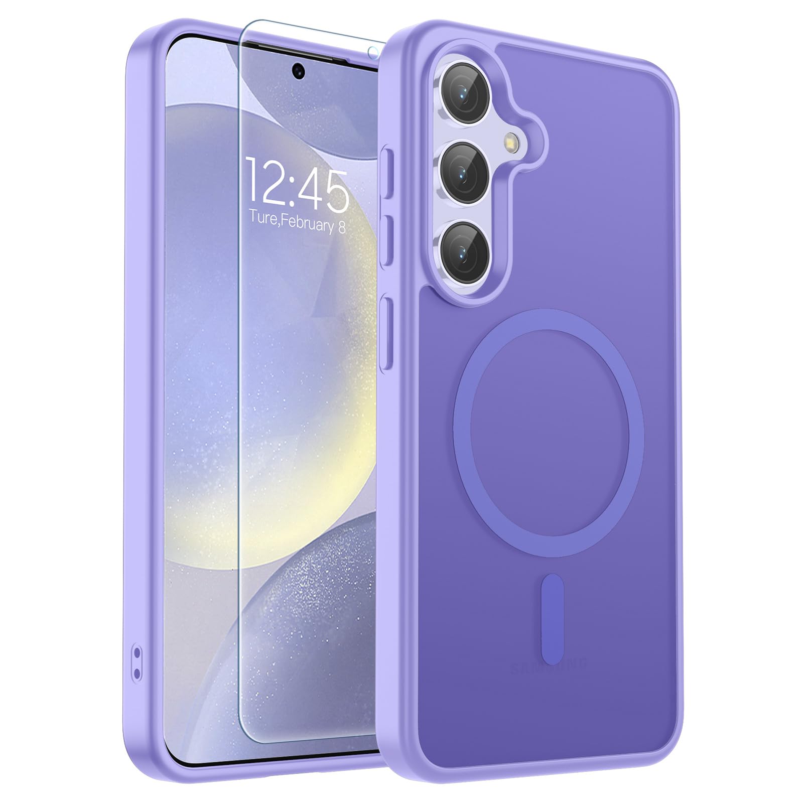 SUPFINE Magnetic for Samsung Galaxy S24 Case / S25 Case with Screen Protector, (Built-in Magnets) (Military Grade Drop Protection) Slim Translucent Shockproof Phone Case,Purple
