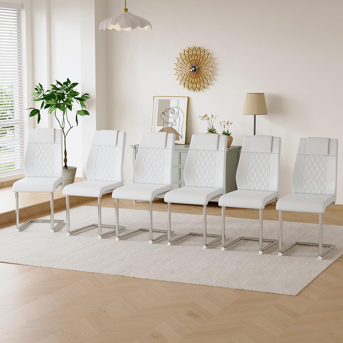 gopop Dining Chairs Set of 6, Modern Kitchen & Living Room Chairs with Electroplated Metal Legs, Upholstered Accent Side Chairs with Faux Leather