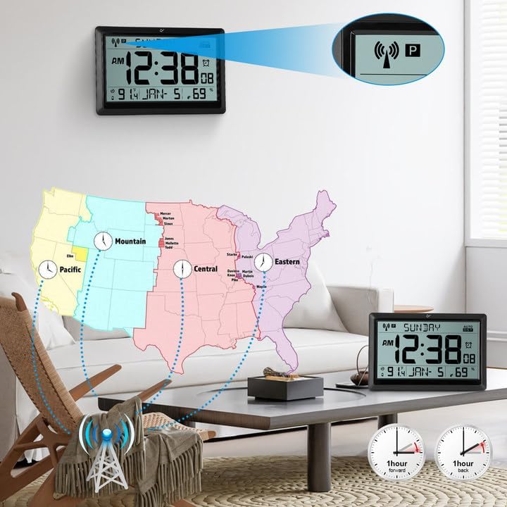 Miniatura 3 de Amgico Reloj de pared digital, reloj atómico de pantalla grande de 10.5 pulgadas, funciona con pilas, ajuste automático de calendario digital con