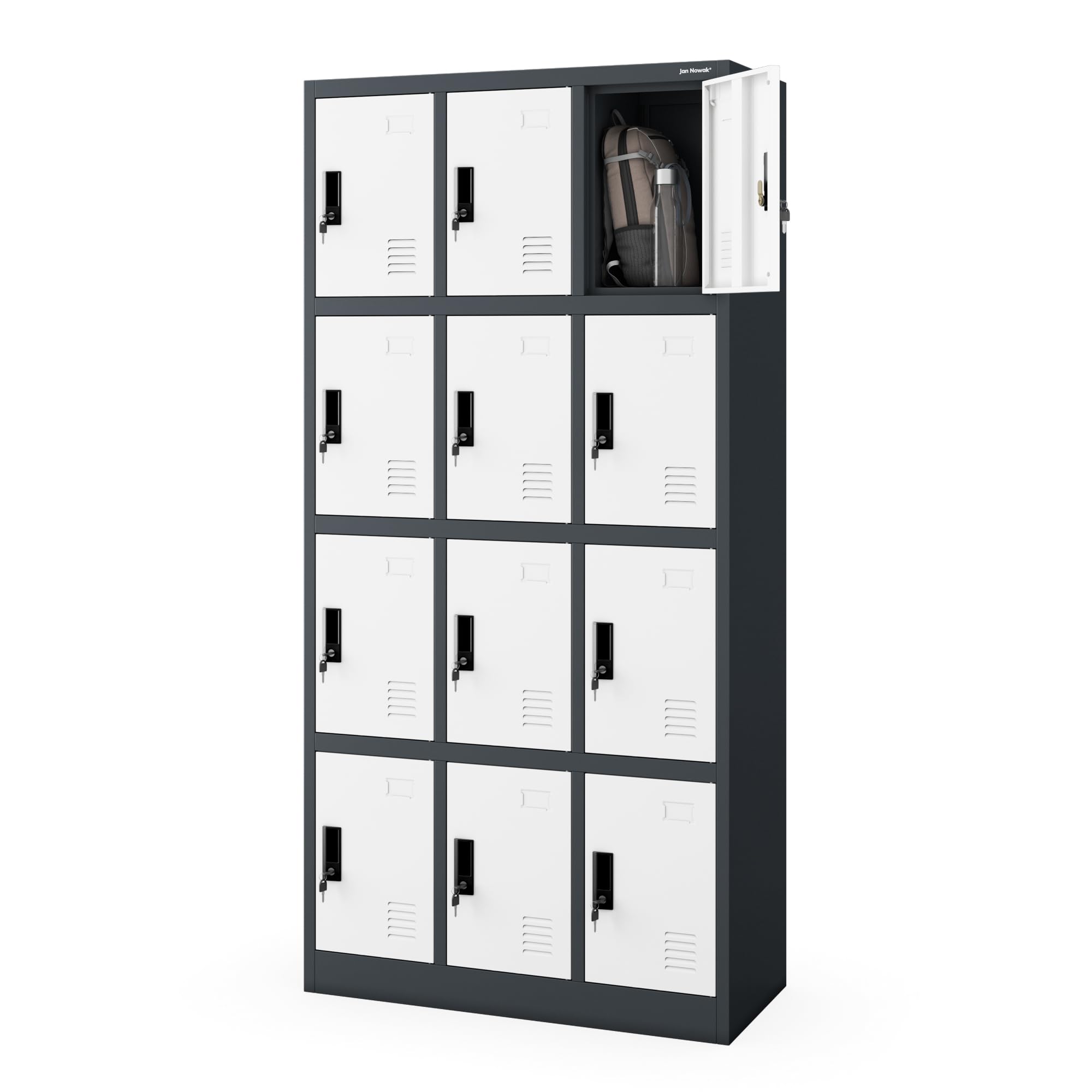 Jan Nowak Umkleideschrank Personalschrank Metall, 12 Fächer, abschließbar | Schließfachschrank ,Garderobenschrank, für 12 Nutzer, Lüftung, Namensschildhalter, 10 kg je Fach, Stahl, 185x90x40 cm