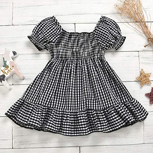 Kids Girls Fashion Dress Short Sleeve Fold Lattice Summer Dress Casual Black White Plaid Patchwork Ruffle Dress2