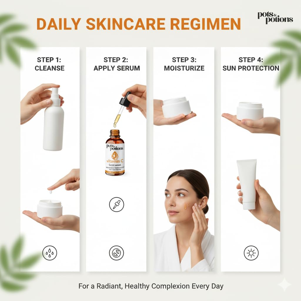 Pots&Potions Vitamin C Serum for Face with Niacinamide & Hyaluronic Acid, Hydrating & Brightening Facial Serum with Aloe Vera, Natural Fragrance, 30ml – Glass Dropper Bottle - Image 5