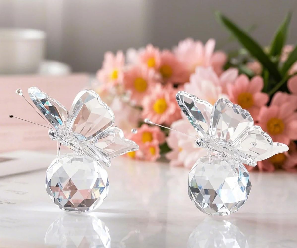 PIGPIGFLY Twin Crystal Butterfly Ornaments Set - Elegant Glass Animals for Home Decor, Women's Living Room Decorative Accessories(White)