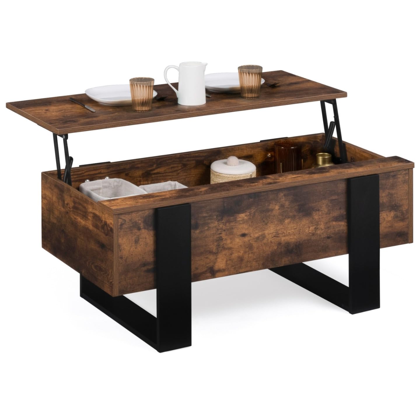 IDMarket - Mesa Baja con Bandeja Elevable Rectangular Phoenix Madera Efecto Envejecido y Negro