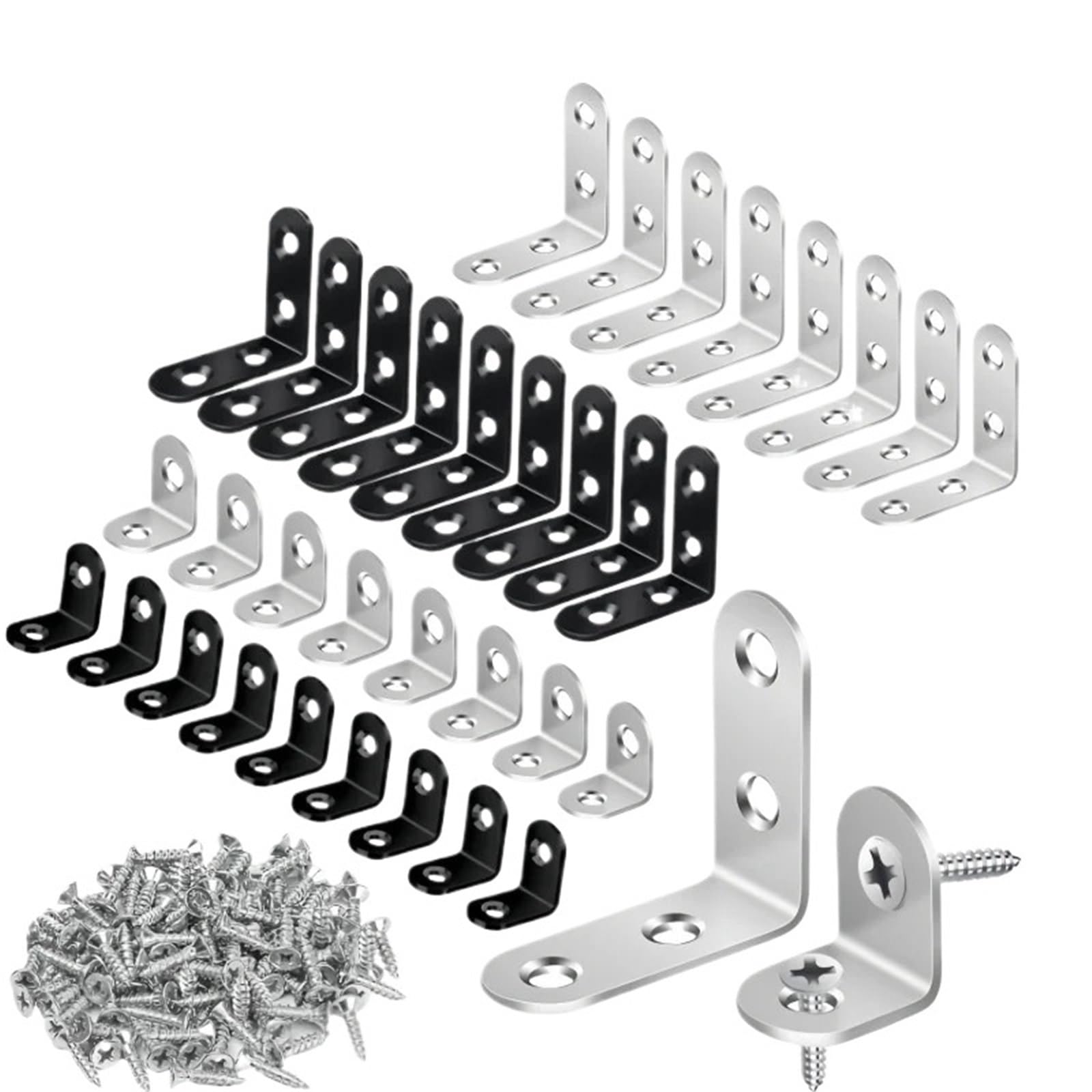 Staffe Angolari Supporto angolare ad angolo retto in acciaio inossidabile nero con vite for mensole, mobili in legno, sedie, cassetti, armadietti(L-Silver 40X40 50pcs)