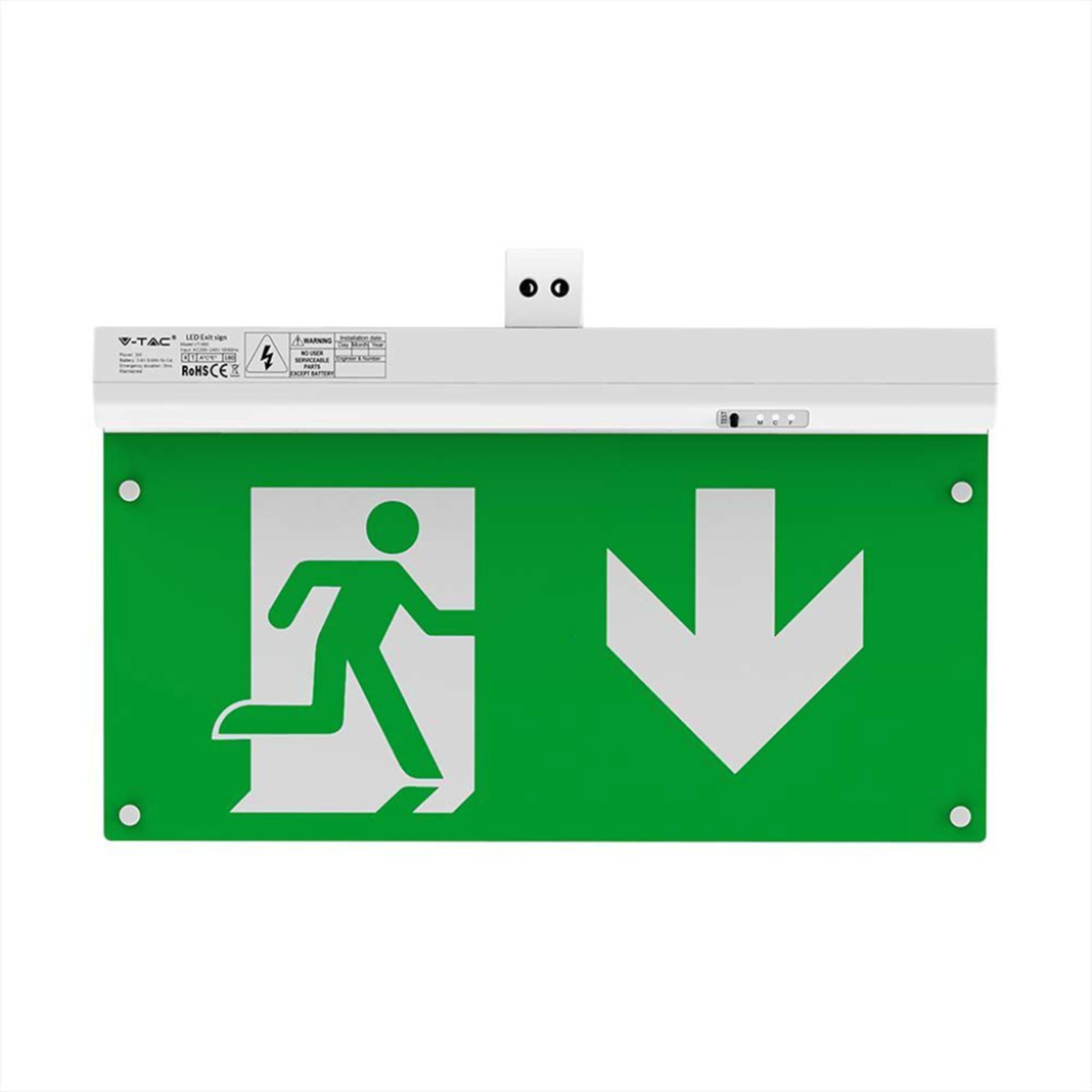 V-TAC Lampada LED Uscita di Emergenza 4 in 1 per Soffitto e Parete - Visibile da 30 Metri - Pulsante di Autotest - Luce LED Uscita di Emergenza e Via di Fuga - Exit - 4 Segnalazioni Incluse - 6000K