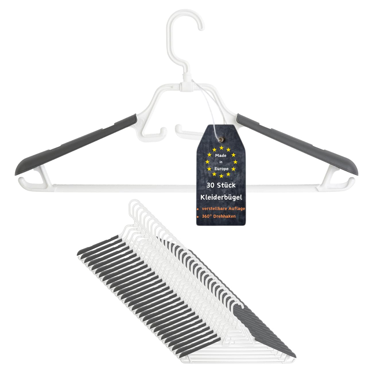 30er Set Kleiderbügel, Weiß/Anthrazit, drehbarer/einklappbarer Haken, ausziehbare/breite Auflagefläche, rutschfest, robust, stabil, Kunststoff, für Mäntel, Hosen, Krawatten, Blusen