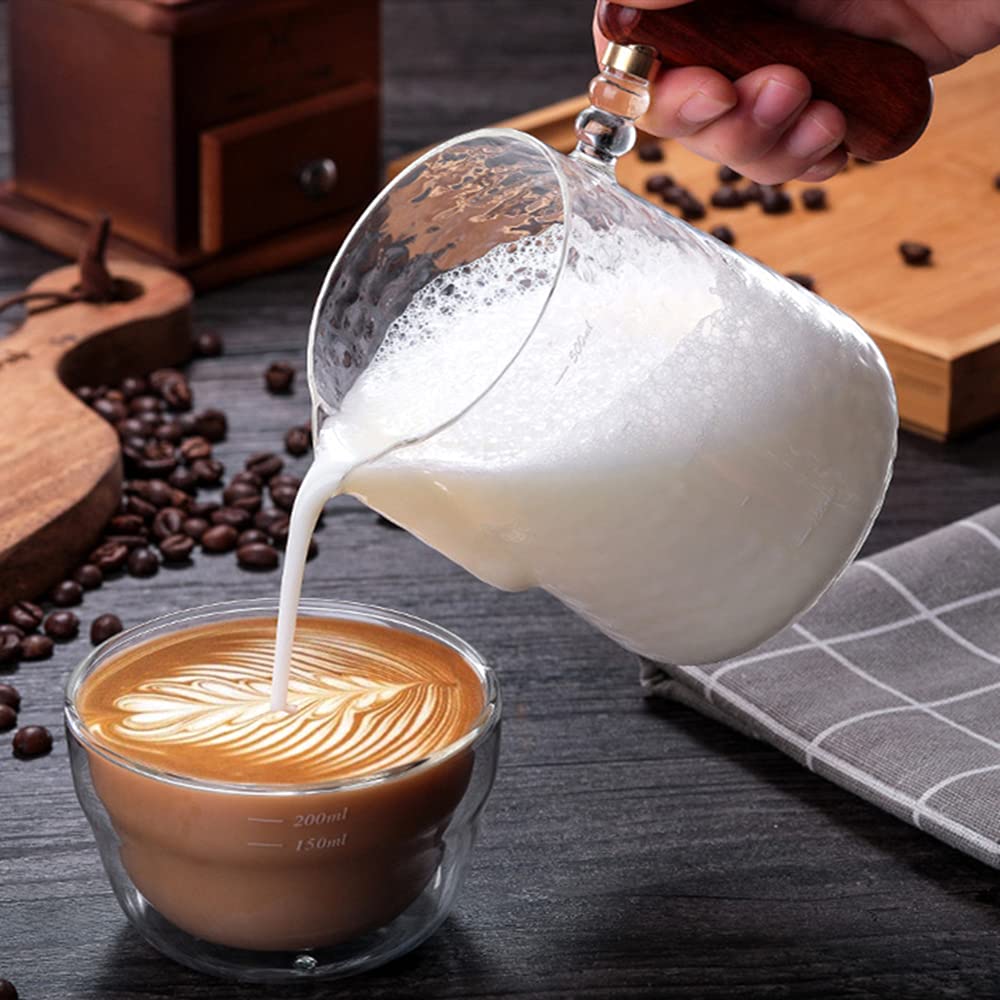 Thickened Hand Hammered Glass Creamer Pitcher with Wooden Handle 17Oz 500ML Coffee Milk Frothing Cup Clear Measuring Scale — view 2