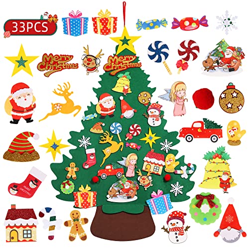 LEUOSO Felt Christmas Tree for Toddlers, 3.28ft DIY Door Wall Hanging Felt Christmas Tree with 33pcs Ornaments, Double-Sided Velcro Detachable Personalised Gold Powder Decor for Kids Christmas Gifts