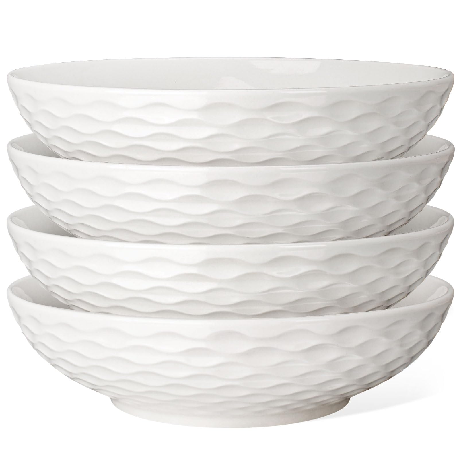 Artena Pasta Bowls 32oz, Ceramic Large Salad Bowls Set Serving Bowl of 4 for Soup, Entertaining, Pasta, Noodle, Dinner, Wide Shallow Microwave Dishwasher Safe, 8 inch, Embossed Wave