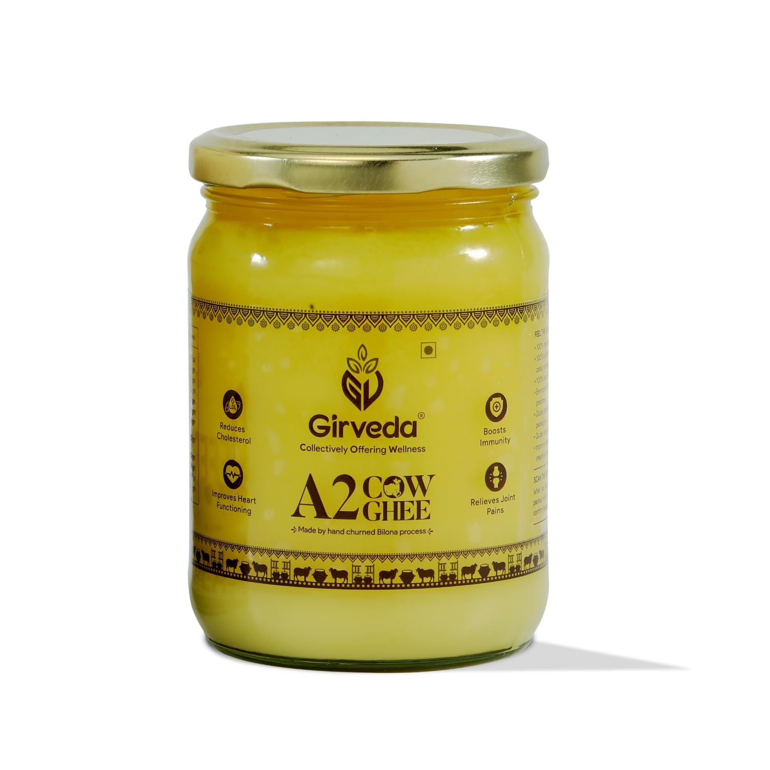 GirvedaA2 Grass Fed Gir Cow Ghee (16.9 Oz) From Gir Region India | Vedic Bilona Method | Lab Tested | Natural & Healthy | Unsalted | Pasture Raised