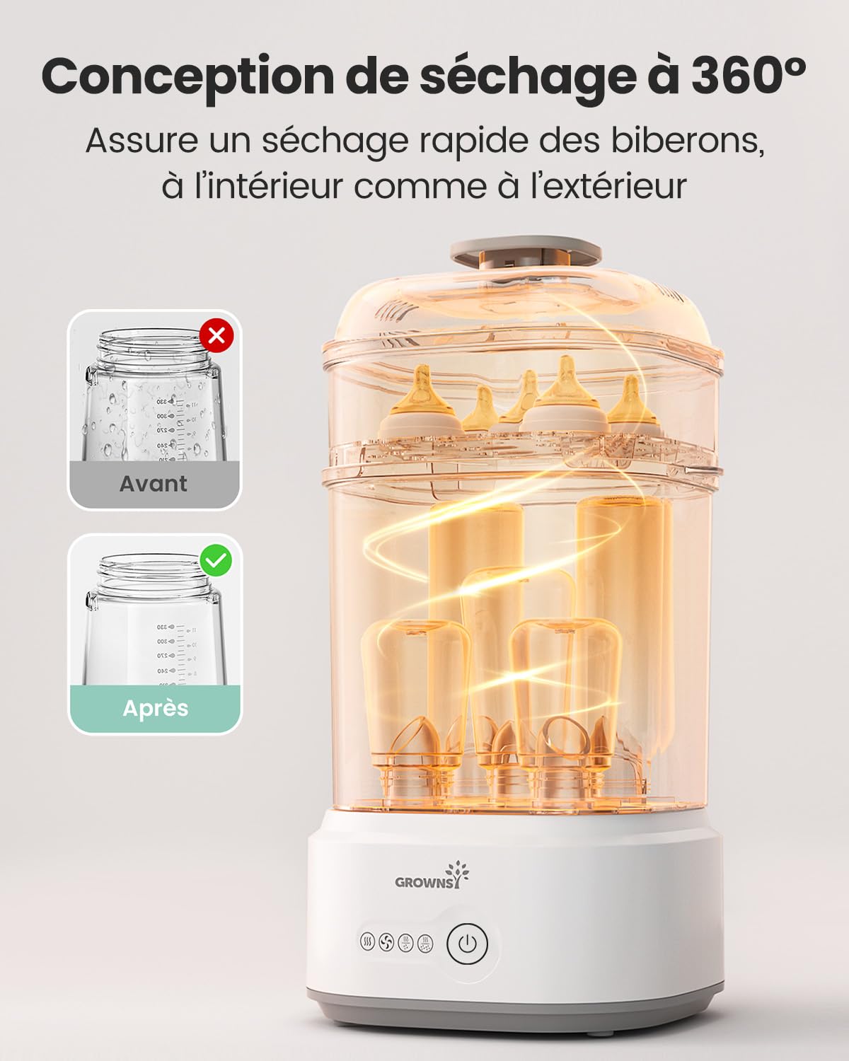Grownsy Stérilisateur Biberon avec Séchage, Stérilisateur Électrique à Vapeur Compact pour Biberons, Tétines, Pièces de Tire-lait