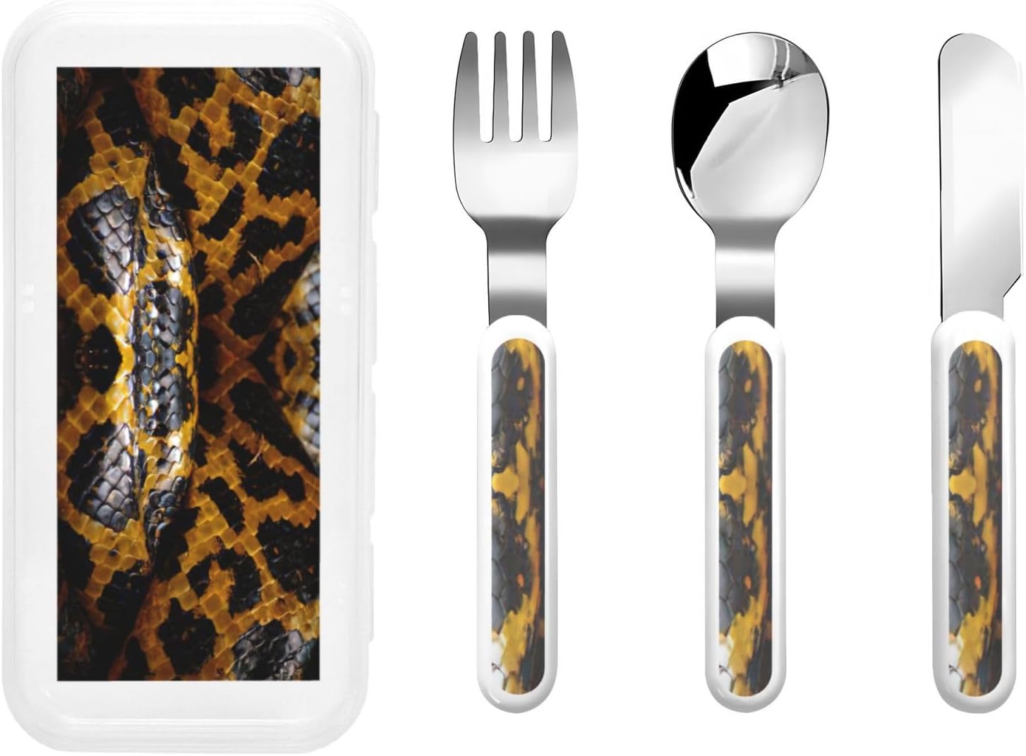 Yellow Snake Print Stainless Knife Spoon Fork 3-Piece Set,Flatware Cutlery Set With Storage Case