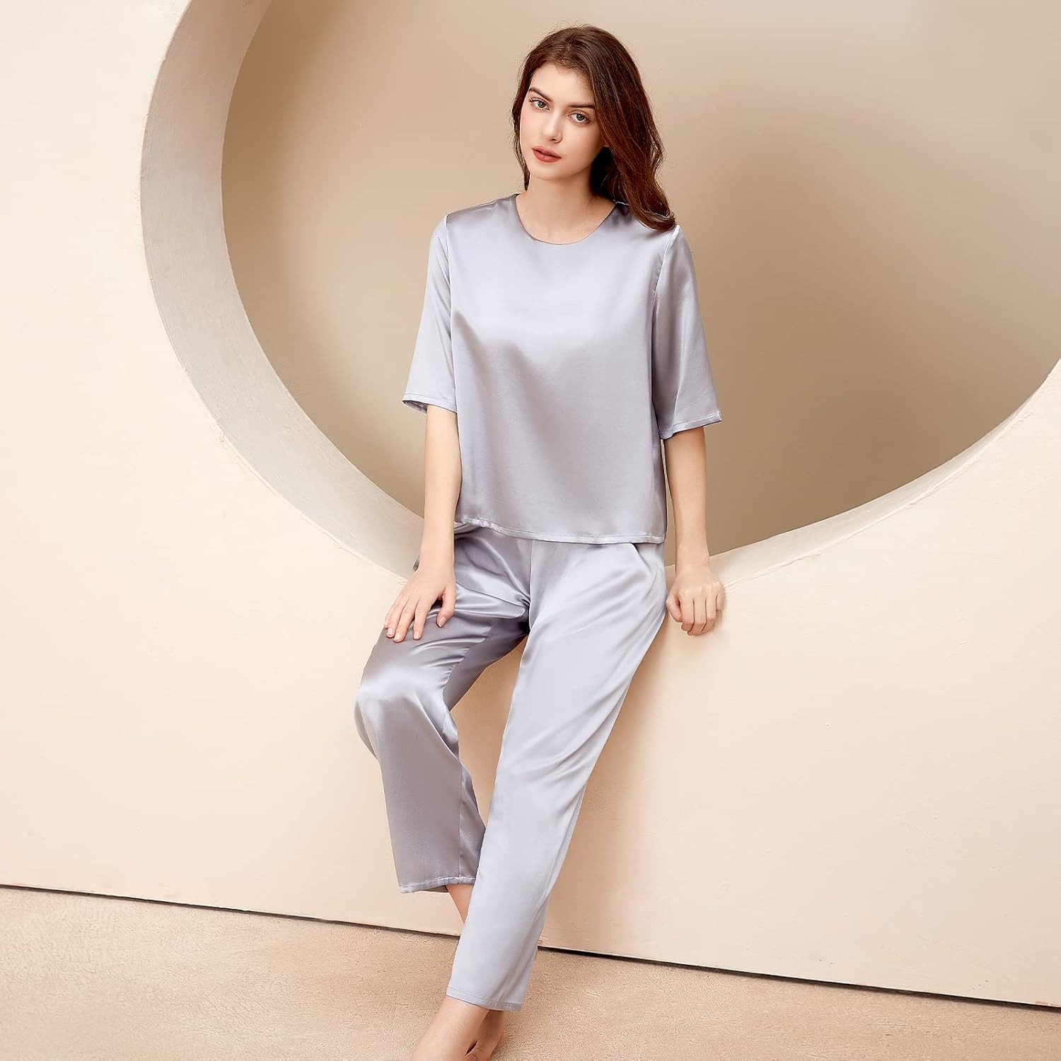 THXSILK Silk Women's Pajama Set, 6A Pure Mulberry Silk Round Neck Short Sleeve Nightwear with Long Pants - Image 4