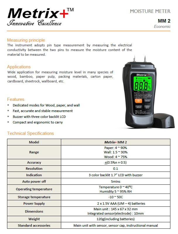 Metrix+ MM2 Digital Moisture Meter with dedicated measuring modes of wood, paper, wall and 3 color LCD backlit display.