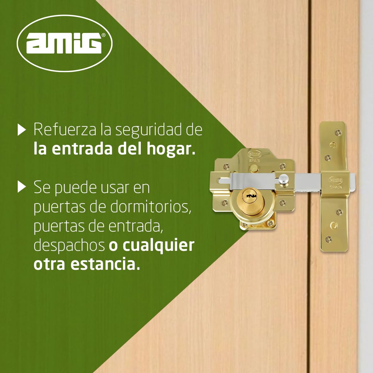 Amig - Cerradura de Sobreponer - 90 x 154 mm - Oro - Cilindro de seguridad de 50 mm y 6 pines - Pestillo de Apertura - Sistema Antibumping y Protección contra Ganzúas