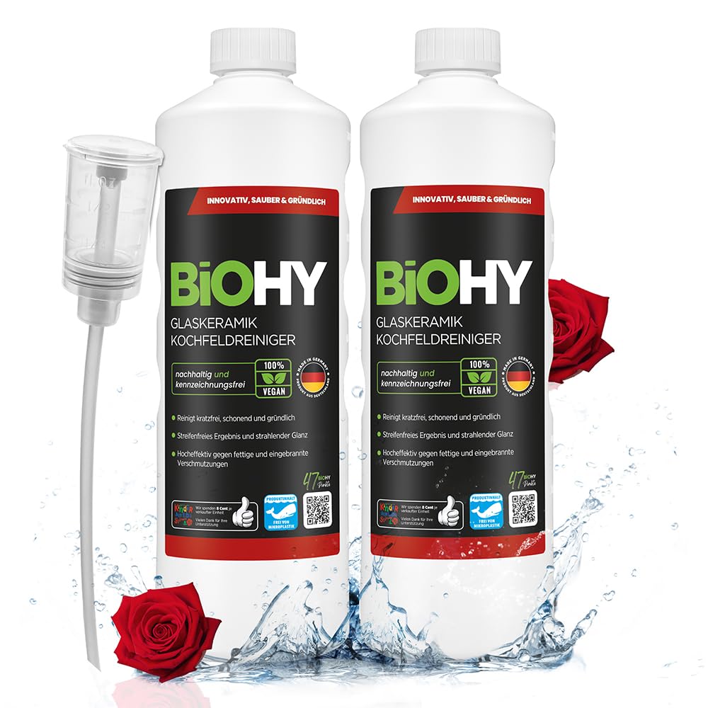 BiOHY Detergente per piani cottura in vetroceramica (2 bottiglie da 1l) + Distributore | Ottimo per la pulizia e la cura del piano cottura e per l’induzione (Kochfeldreiniger)