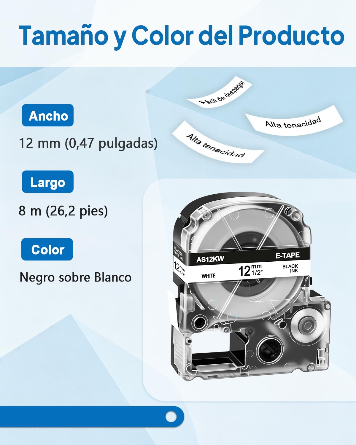 Paquete 100 Cinta Compatible Epson LK-4WBN Negro sobre Blanco 12 mm