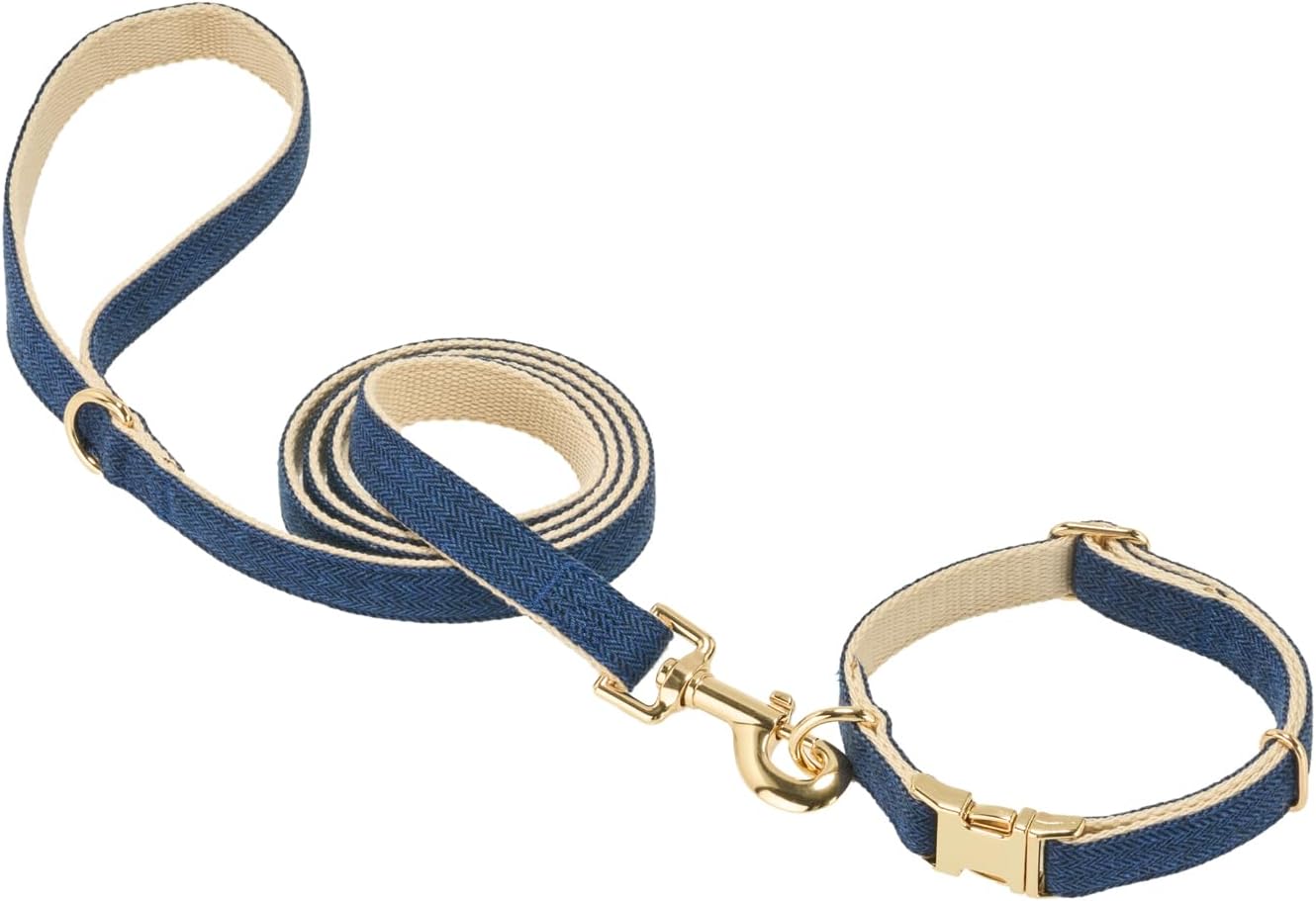 Luxury Soft Cotton Tweed Fabric Dog Collar & Leash Set with Gold Buckle – Durable Fabric, Stylish Design for Everyday Walks(Small Navy) image 2