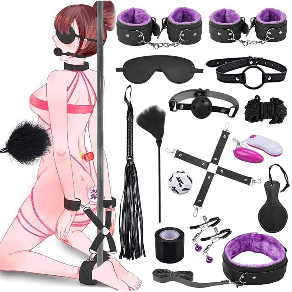 Qoosea Kits de Bondage 15 Pièces SM Set Adultes Toy Ensemble de Servitude BDSM Parfait pour Les Débutants, Ensemble de Jouets Sexuels Menottes Masque pour Les Yeux Laisse Pour Couple（Violet Noir）