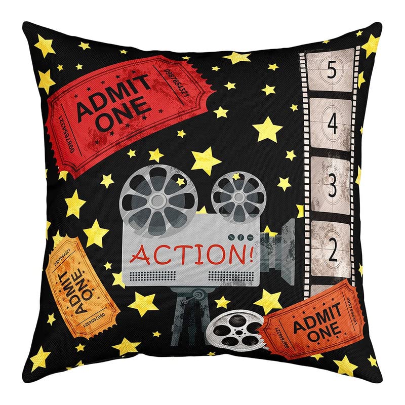 Movie Theater Square Cushion Covers Set of 4 Movie Action Family Time Pillow Covers Home Decor Cinema Poster Film Reversible Throw Pillow Covers for Kids Old Fashion Home Decor 20 x 20-Inch