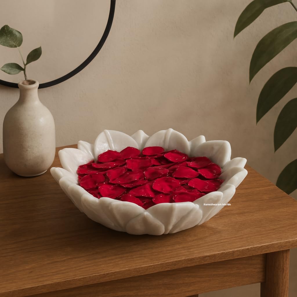 RM 8-Inch White Marble Urli Bowl Pot for Home Decor | Handcrafted Solid Flower Holder for Living Room Puja Room Entryway | Urli for Festive Decoration Center Table Decor & Gifting-image-39