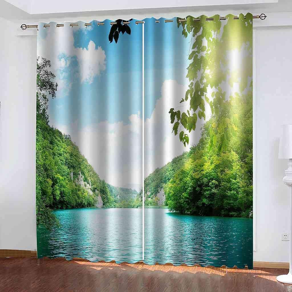 Modern Blackout Curtains with Eyelet 3D Printed Thermal Insulated Window Treatments Green Forest Lake View Living Room Bedroom Window Drapes 2 Panel Set 72" X 108" (2XW66"xL90")