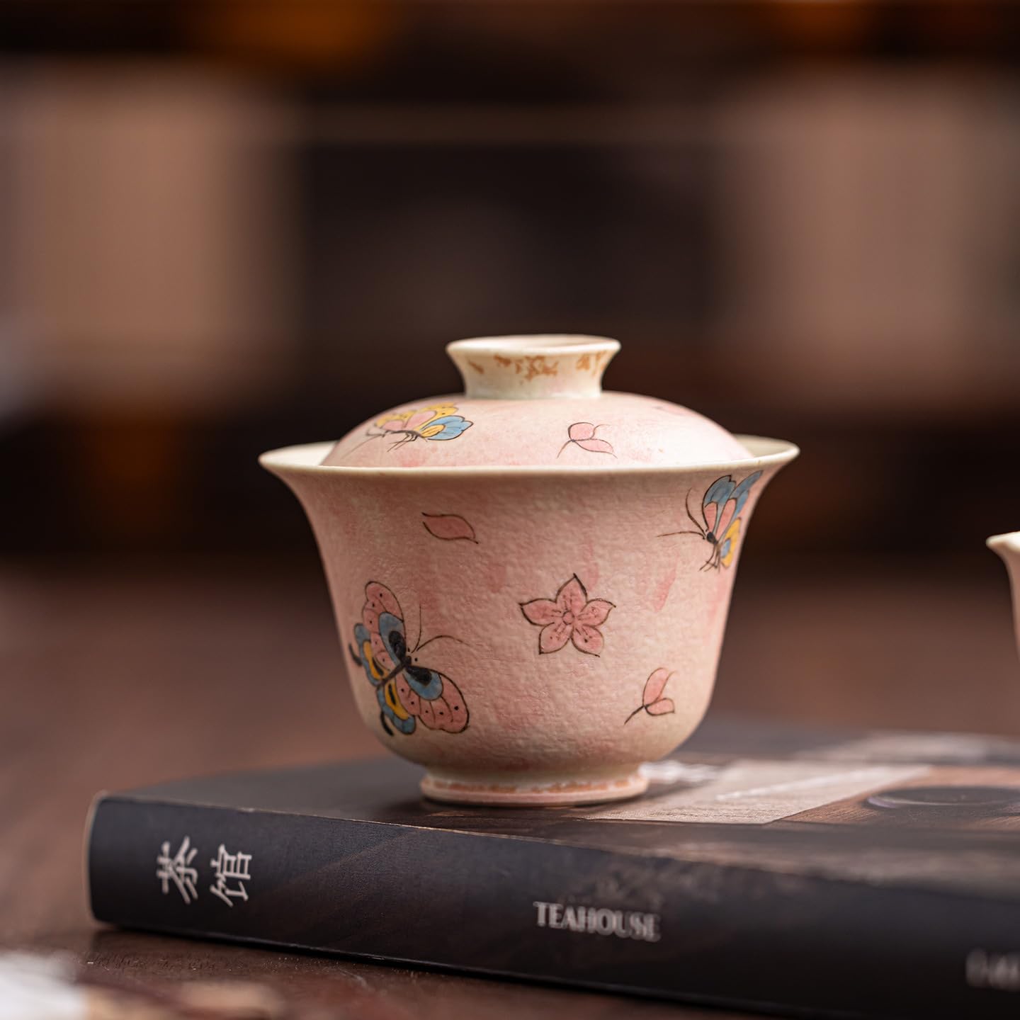 Tazas de té Pequeñas Tazón de té personal for dama con tapa mariposa y glaseado caramelo pintado a mano, juego cerámica vintage, vajilla resistente al calor Taza de té de Kungfu