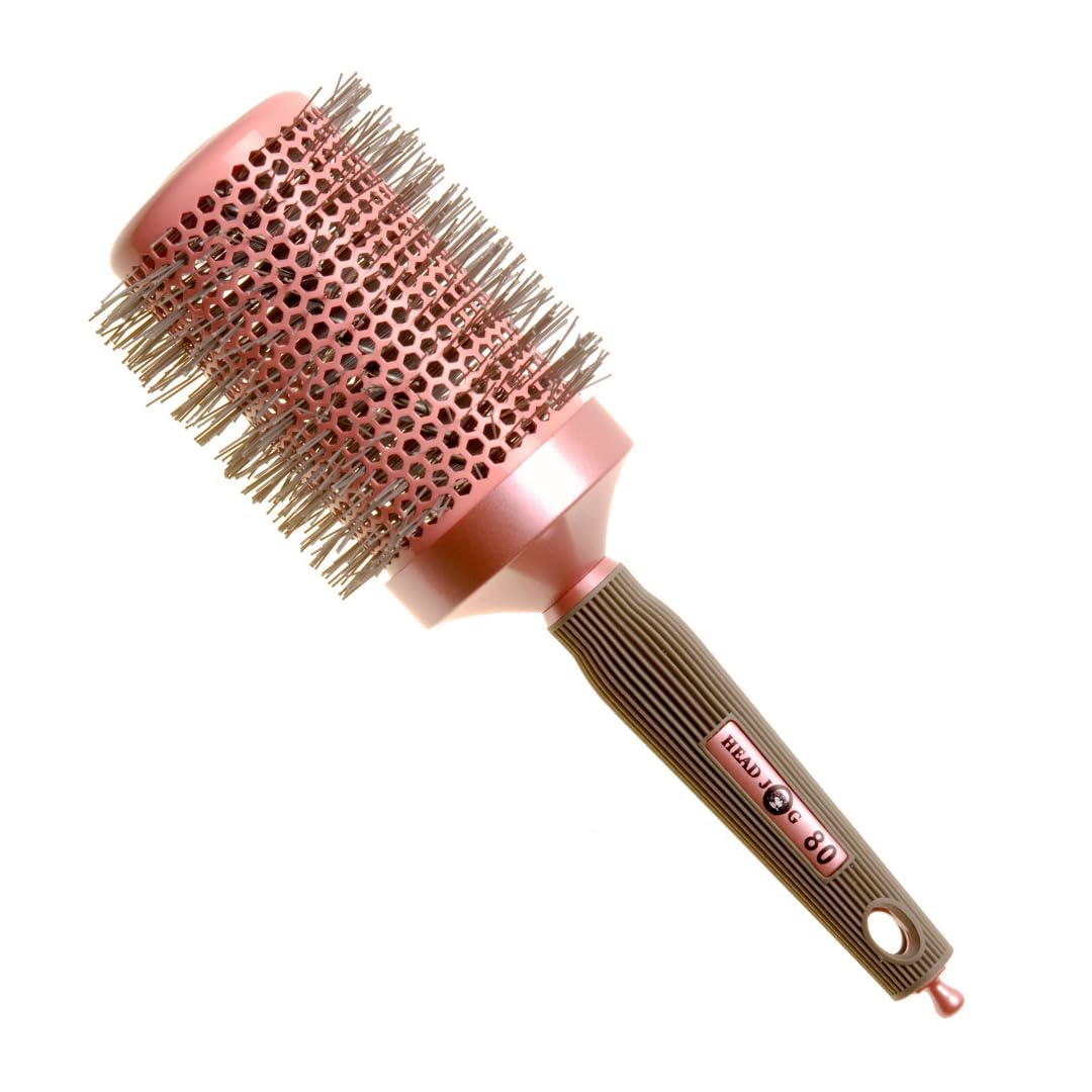 Head Jog 80 Pink Radial Brush. Ceramic Coating Barrel with Ionic Bristle & Rubber Handle. Lightweight & Durable Hair Brush for Hairdressing. Reduce Frizz for Healthy Looking Hair. (60mm)