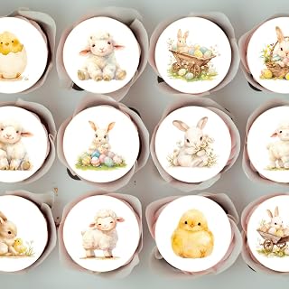 Cute Spring Animals Edible Cupcake Toppers – Adorable Easter Bunny, Lamb & Chick Decorations (PRECUT, 24 x 4cm/1.5 Inch Discs)