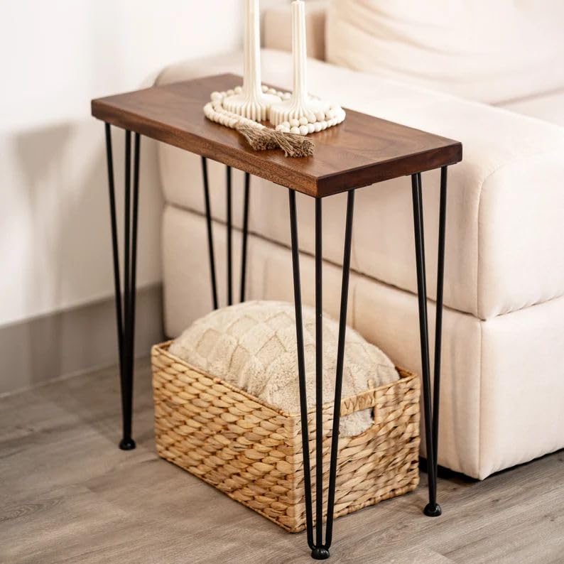 Solid Wood Bed & Sofa Side End Table Tea Table for Living Room Rustic Side Table with Metal Hairpin Legs | Bed Room Bedside Nightstand Furniture