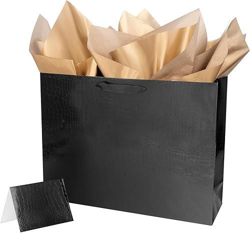 Paquete de 2 bolsas de regalo negras con papel de seda de cocodrilo, bolsa de regalo de primera calidad para hombres, fiesta de cumpleaños, boda