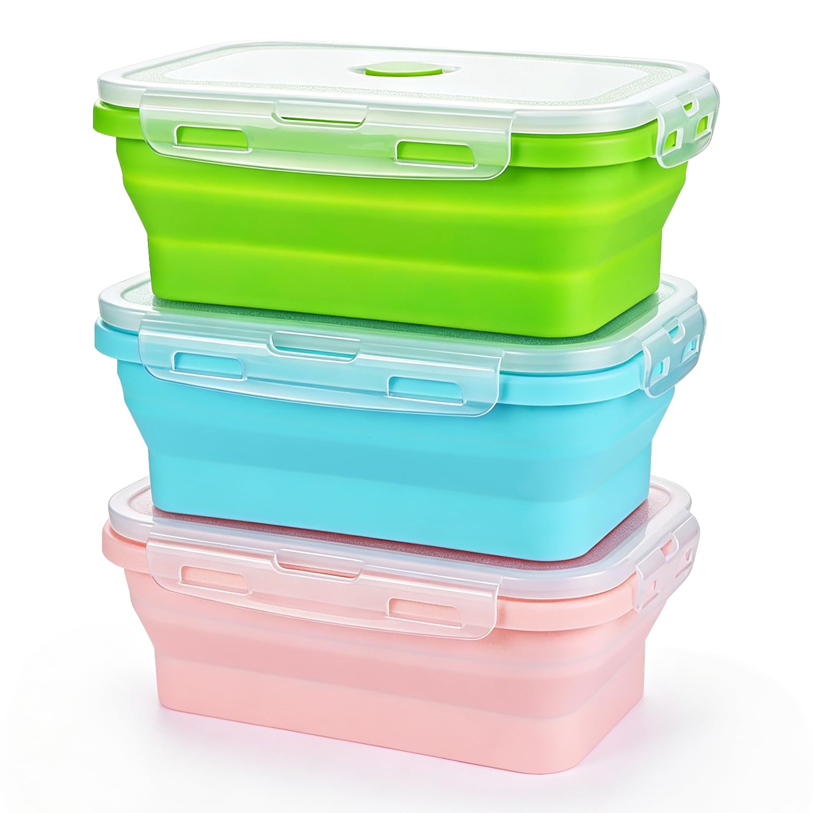 ICEBLUEOR 3PCS Collapsible Food Containers with Lid, 800ml BPA-Free Silicone Lunch Bento Box Sandwich Box Set, Portable Collapsible Bowls for Kitchen, Travel, Picnic Microwave Freezer Safe