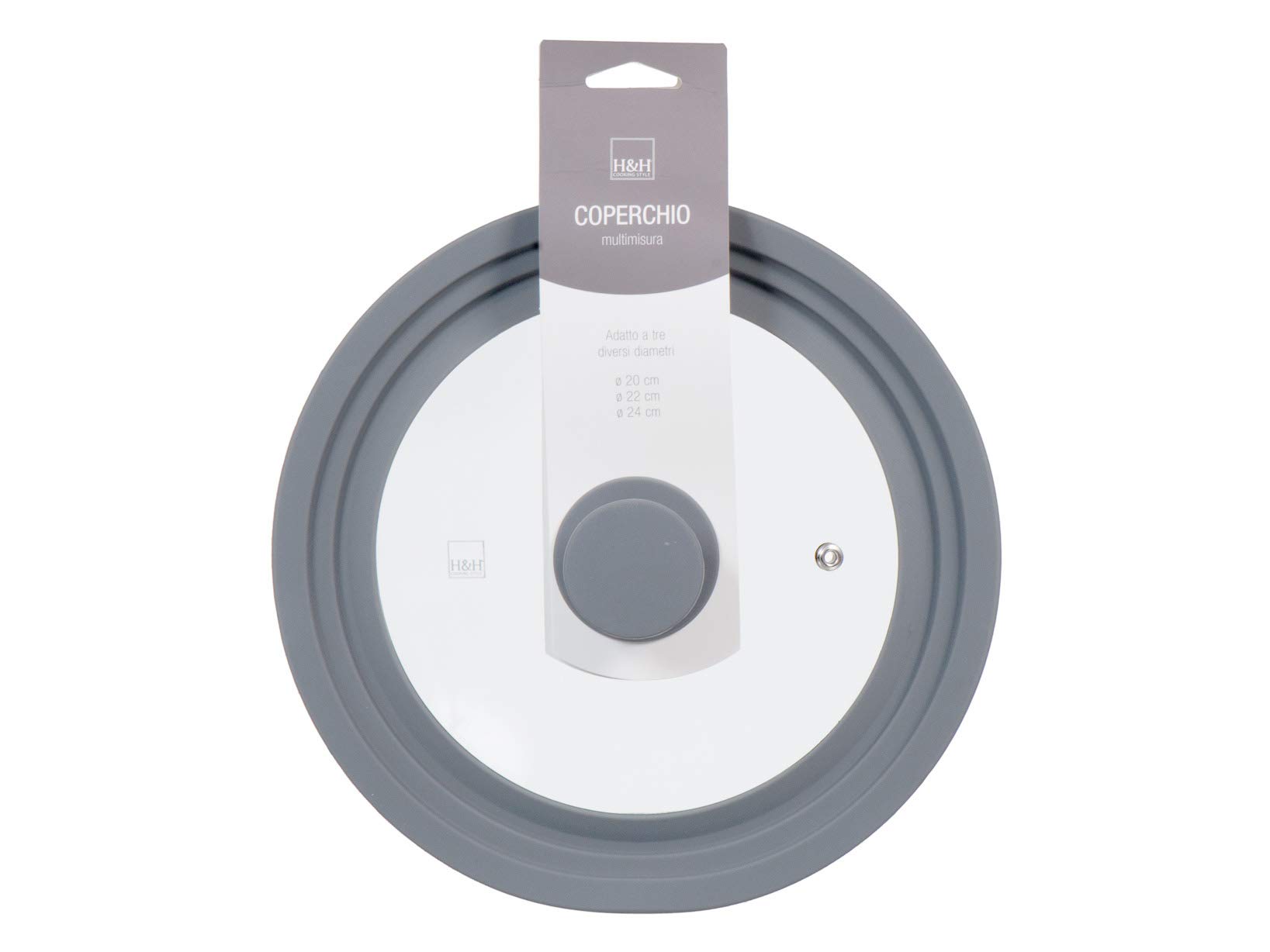 H&H Coperchio Multimisura in Vetro con Bordo in Silicone 20/22/24 cm, Universale per Pentole, Padelle e Tegami, con Foro Vapore
