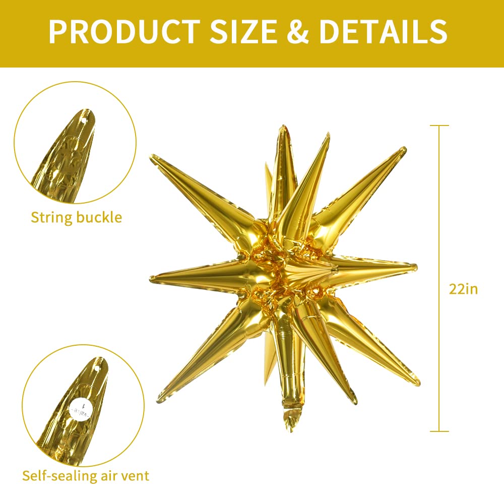 TONIFUL 4 Pcs 22inch 4D Huge Gold Star Balloons Explosion Star Mylar Foil Balloons for Party Supplies Backdrop Christmas,New Year,Birthday, Wedding,Photo Booth Ornament