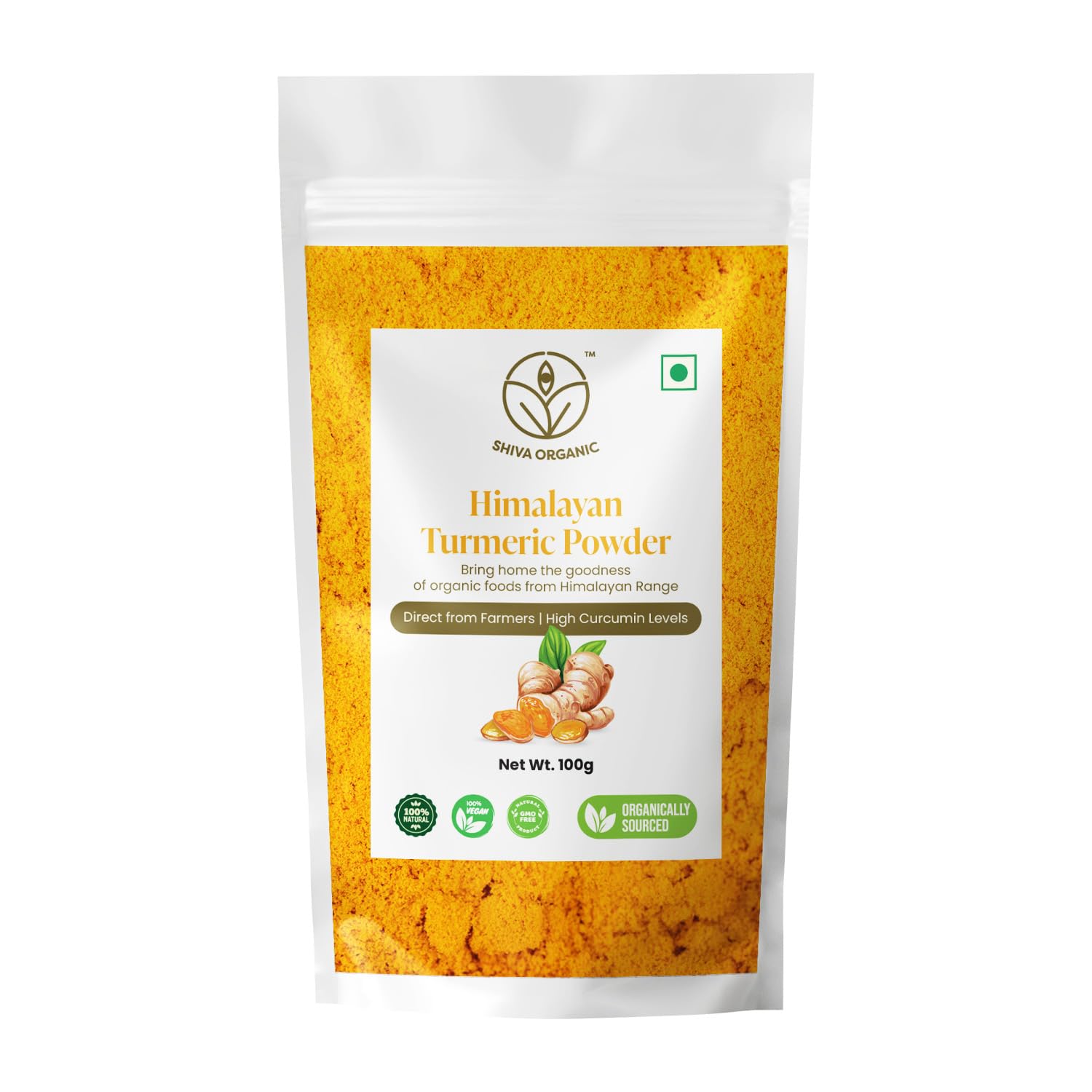 Shiva Organic Himalayan Turmeric Powder/Haldi 100 grams - High Curcumin level - Preservative/Chemical Free
