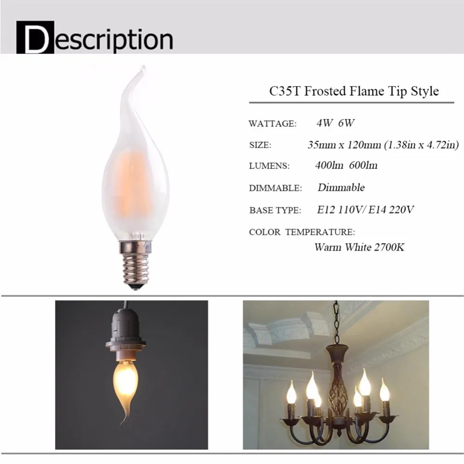 12 bombillas LED Edison de filamento C35, estilo retro, de vidrio esmerilado, E14, 6W, color blanco cálido, para iluminación de araña (punta redonda C35, E14, 220V, 6W)
