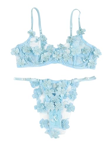 Lilosy Sexy Applique Floral Mesh Sheer Underwire Lingerie Set 2 Piece - unlined - Small - Light Blue