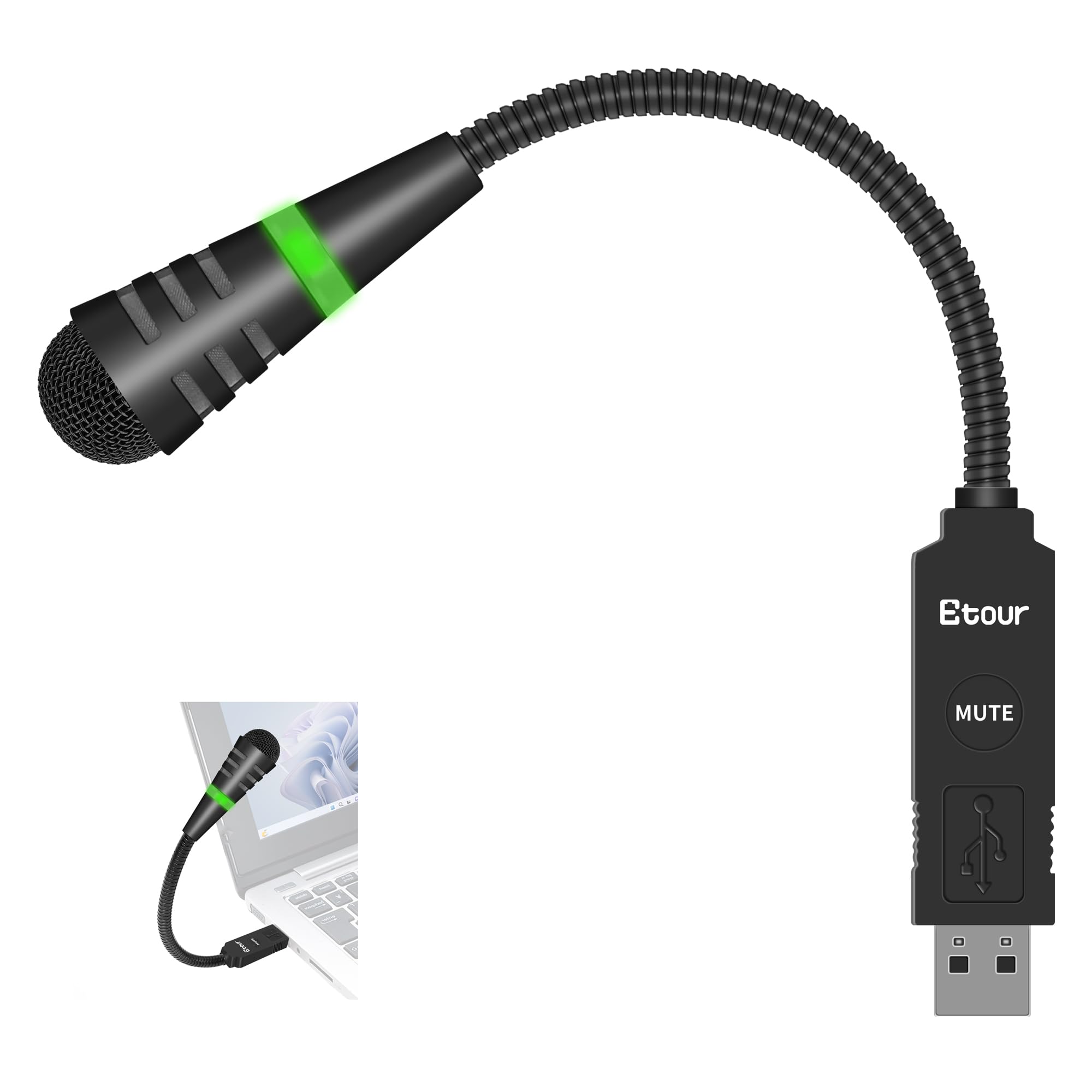Mini microfono USB a collo di cigno per laptop, piccolo microfono cardioide a condensatore USB, pulsante mute con indicatore LED per PC e Mac, Plug & Play, lavoro a distanza online, riunioni di