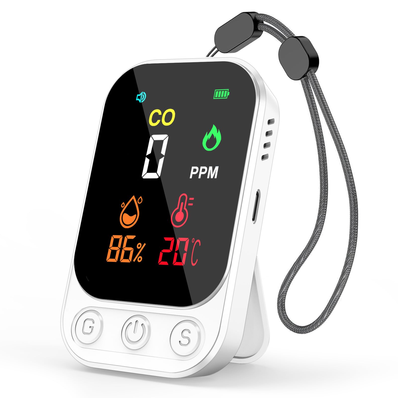 RealPlus Detector de Monóxido de Carbono Portátil 3-en-1 - Detector CO, Temperatura y Humedad con Alarma de 85 dB, Recargable, con Soporte y Agujero de Fijación para Viajes, Camping, Hotel y Casa