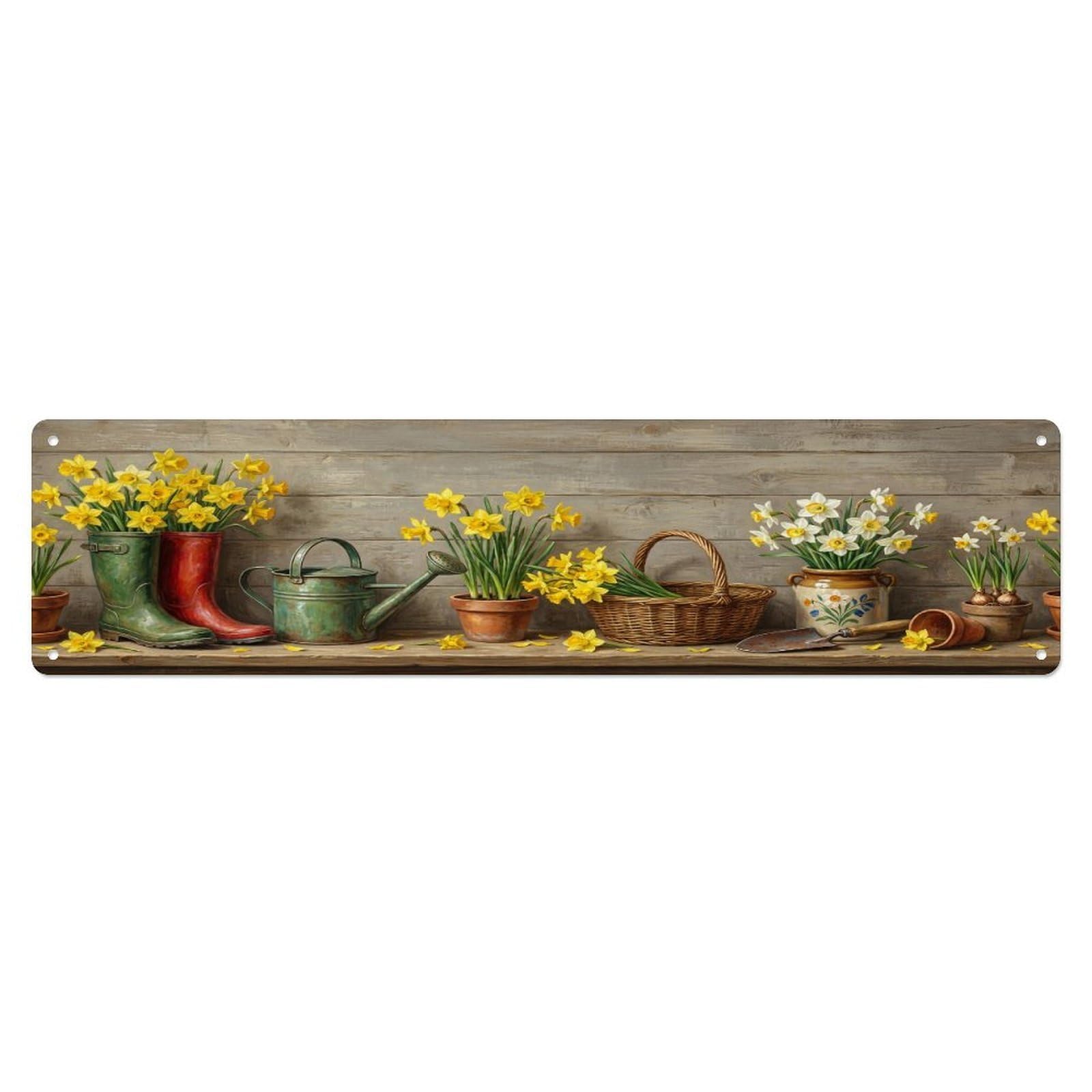 Floral Garden Tools Boot Daffodil Pattern Print Metal Tin Sign