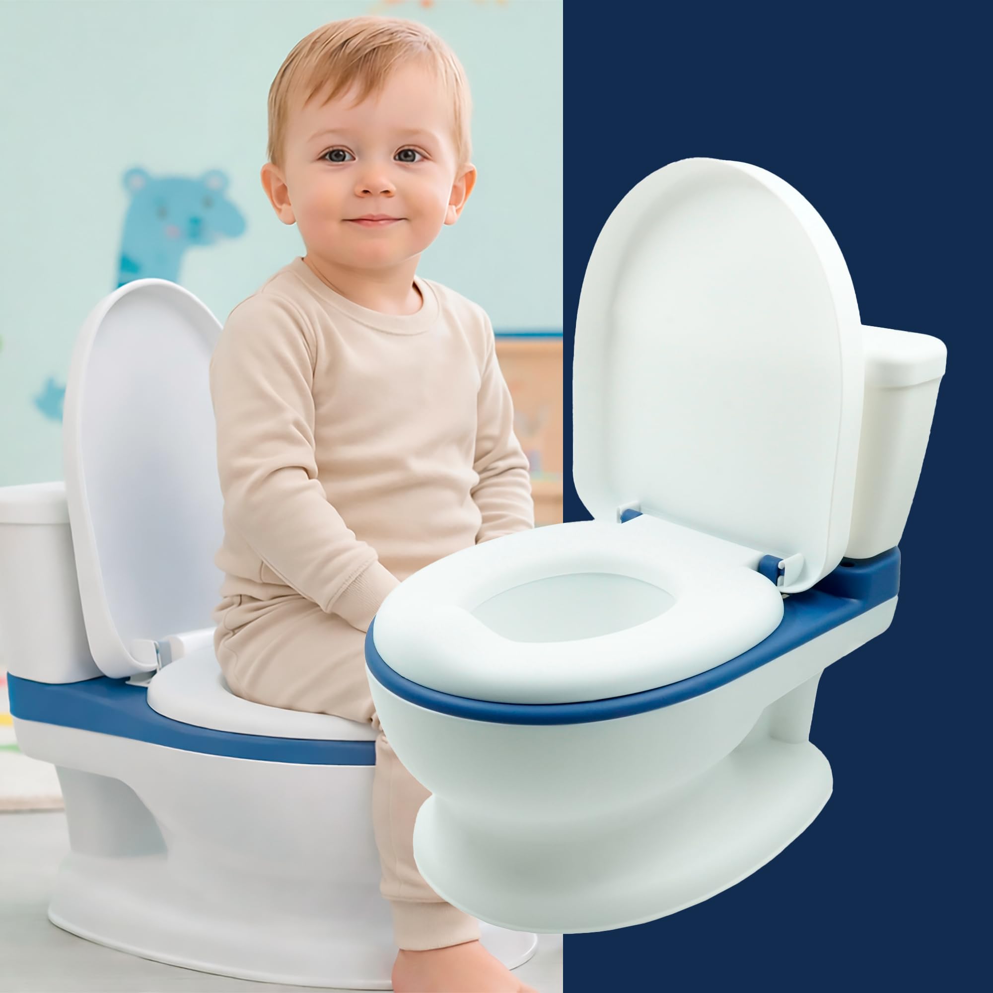 Girox Interaktives Kinder Töpfchen WC - Lerntoilette mit Musik und Soundeffekten - 38 cm x 32 cm x 43 cm - Weiß Blau - Förderung der Selbstständigkeit und hygienisches Töpfchentraining