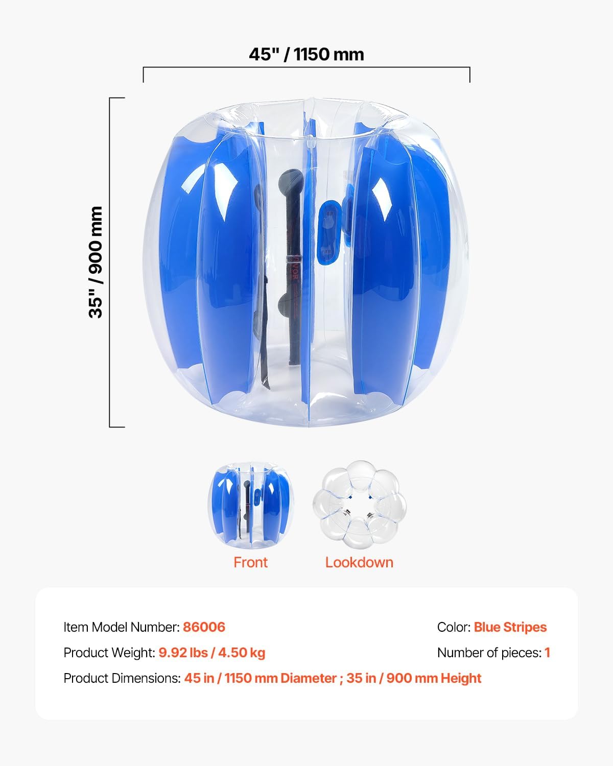 VEVOR Inflatable Bumper Balls 1-Pack, 4FT/1.2M Body Sumo Zorb Ball, Durable Thick PVC Human Hamster Bubble Knocker for Outdoor Sports Team Gaming Play, Bopper Toy for Garden Yard Park, Blue Stripes