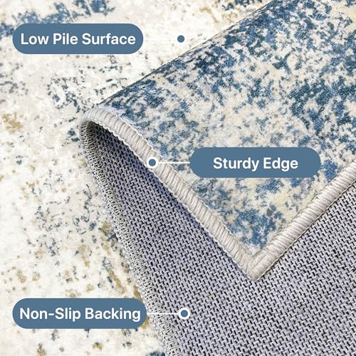 Area Rugs 6x9 for Living Room Bedroom, Modern Abstract Machine Washable Rug, Large Soft Low Pile Floor Carpet with Non Slip Backing for Dining Room, Navy Blue Beige